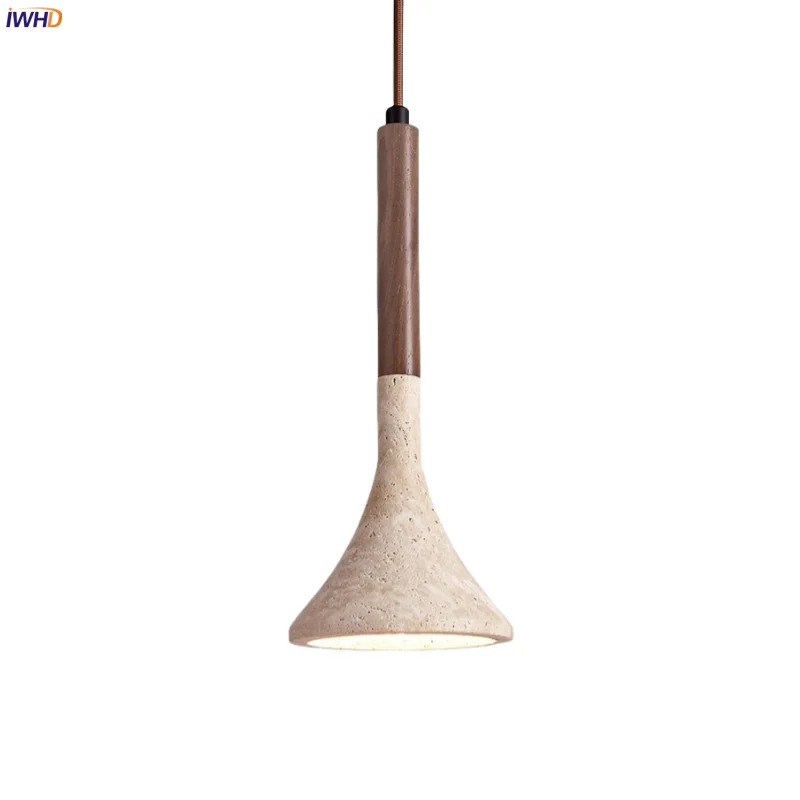 

IWHD Mid Century Modern LED Pendant Light Bedside Living Room House Yellow Travertine Interior Lighting Hanging Lamps Lampara