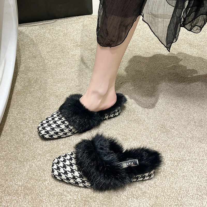 Aphixta Winter Gingham Upper Long Real Rabbit Fur Plush Women Slippers Nature Warm Furry Shoes Square Toe Flat Heel Hair Slides