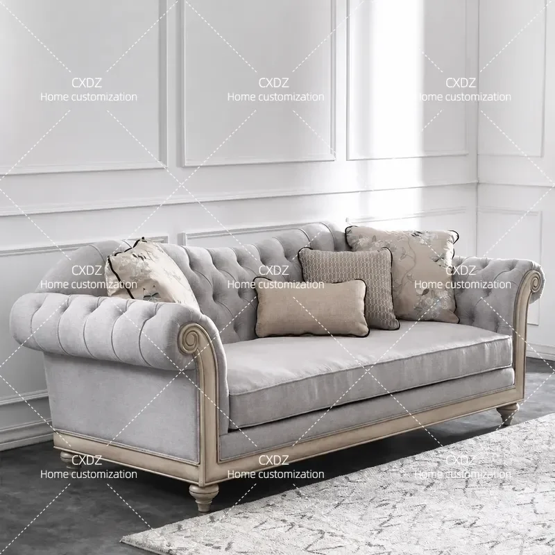 Solid Wood Living Room Fabric Sofa Set 2 3 Seater Pull Out Couch Small Villa Country Style Furniture