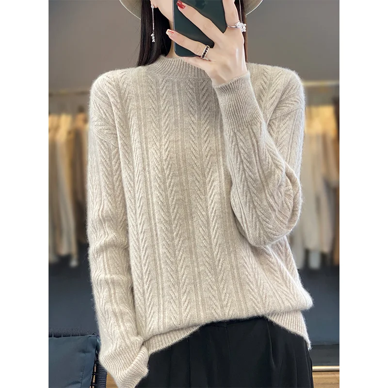 

Jueqi Cashmere Sweater Women's Autumn and Winter New Half High Neck Pullover Sweater 100% Pure Wool Knitted Underlay RT-956