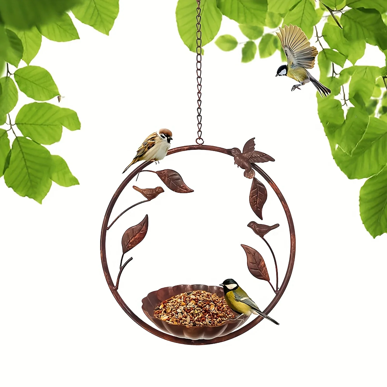 Rustic Iron Bird Feeder with Branch & Leaf Motif, 65.5cm Hanging Decor, 30cm Round Tray for Outdoor Gardens & Courtyards