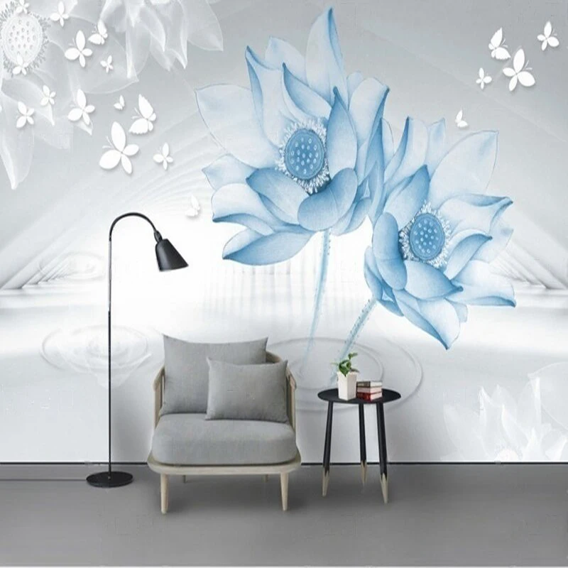 

Modern simple and fashionable three-dimensional space blue lotus butterfly TV luxurious home decoration bedroom background wall