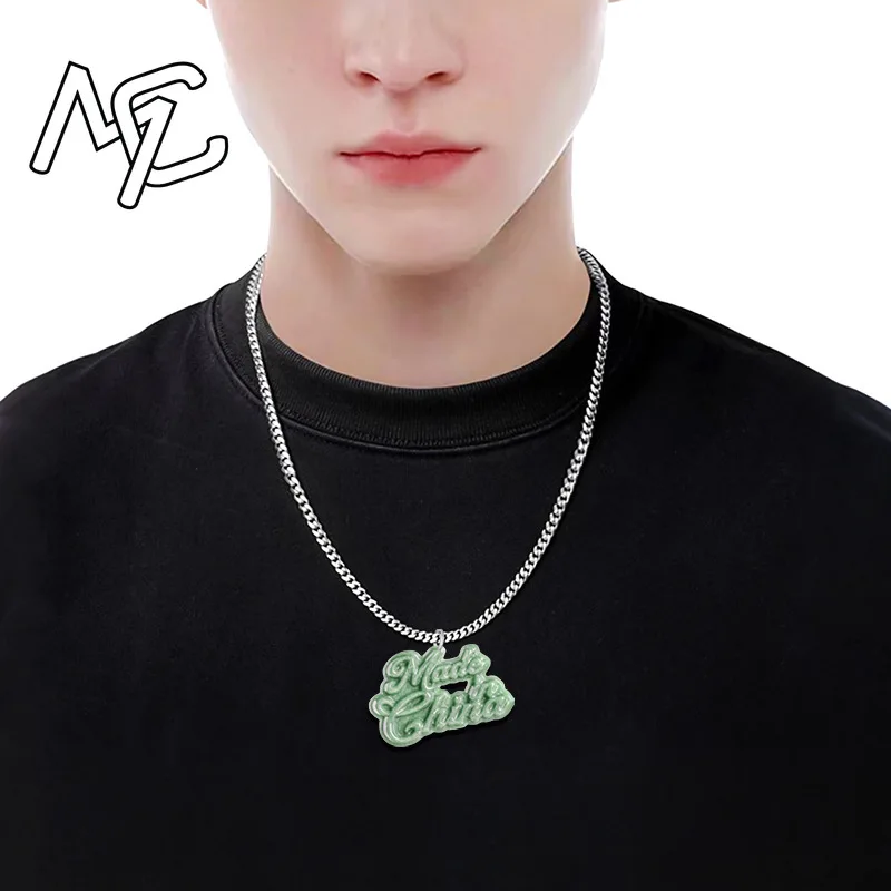 Burmese Green Jade Made In China English Character Cards Pendant Real Green 925 Silver Emerald Jewelry Jadeite Necklace Natural