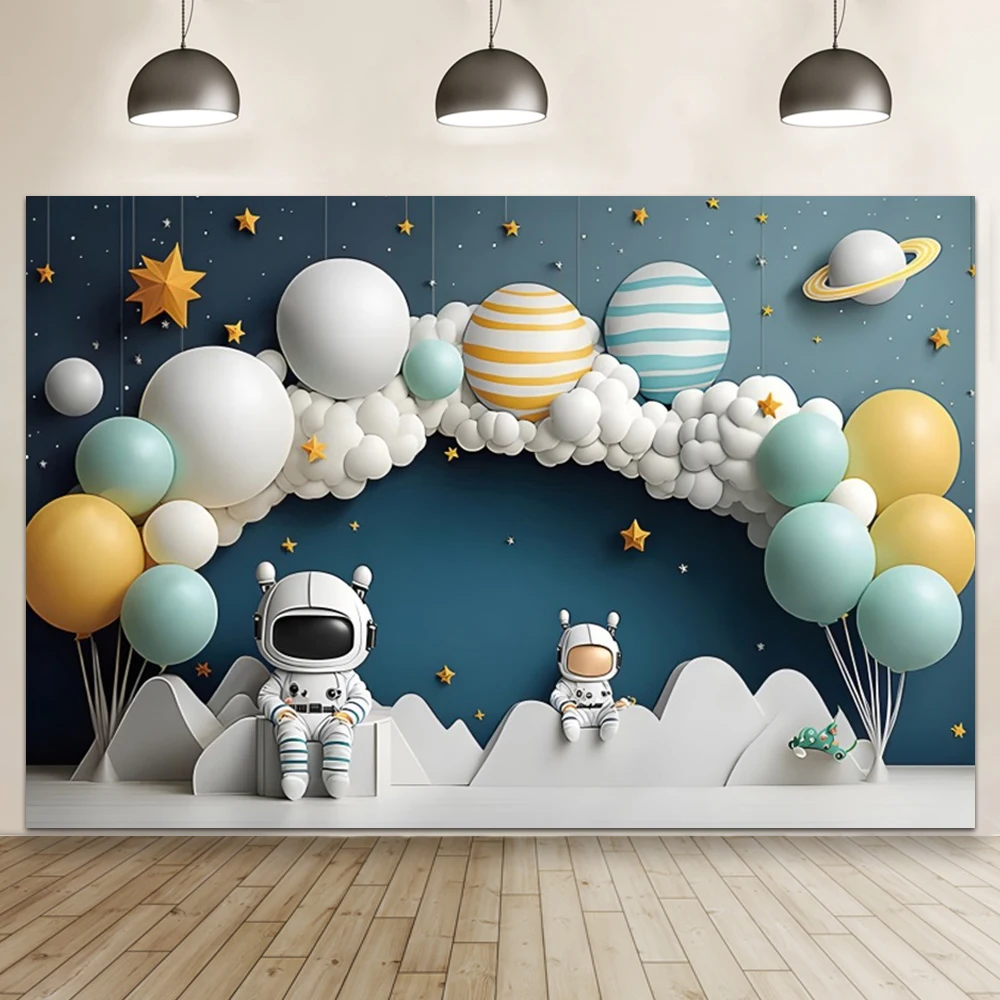 Niebieski statek kosmiczny chłopiec 1. urodziny tło 3D balon na ogrzane powietrze kreskówka astronauta ciasto zgniatanie tło fototapety do studia