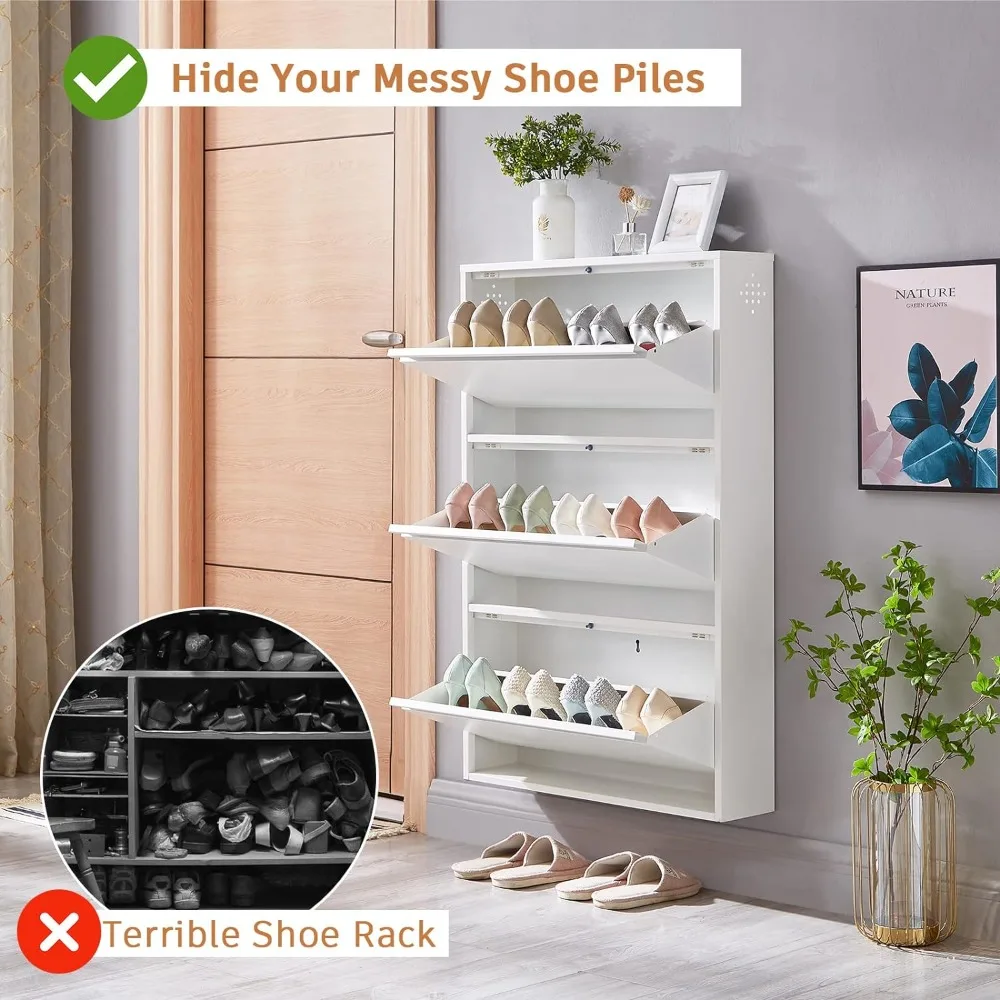 3 Drawer Shoe Locker Wall Mounted & Assembly-Free 25 Inch Metal Shoe Cabinet for Entrance, Hallway, Holds 12 Pairs of Shoes