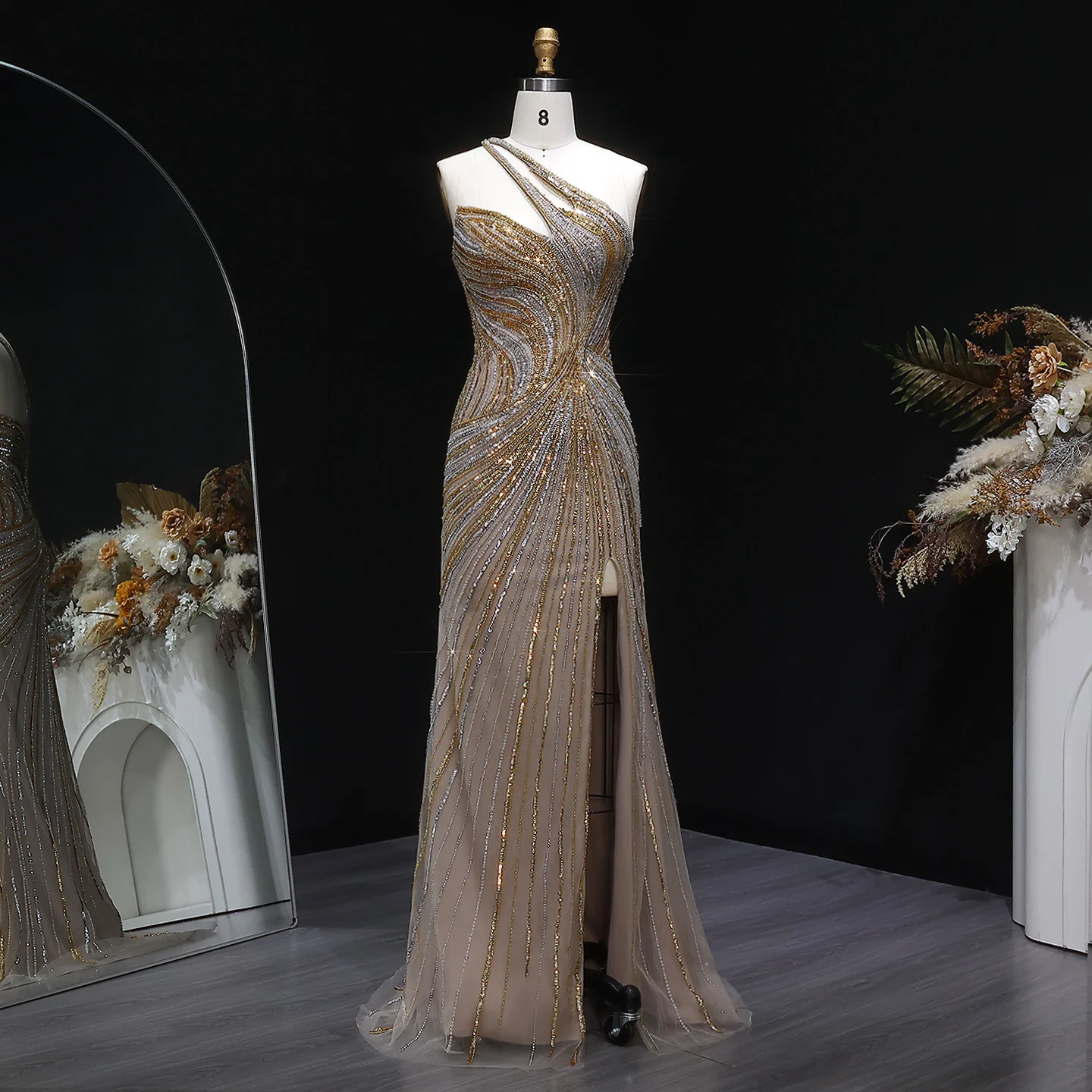 Sharon Said Dubai Einschultrige Meerjungfrauen-Abendkleider mit Pailletten und Perlen, Formelle Ballkleider für Damen SS153 Maßanfertigung – Detail 4