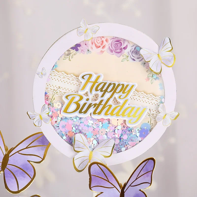 Purple Pink Butterfly Party Cake Decorating Tools Happy Birthday Girl Boy Acrylic Cake Topper Baby Shower Dessert Accessories