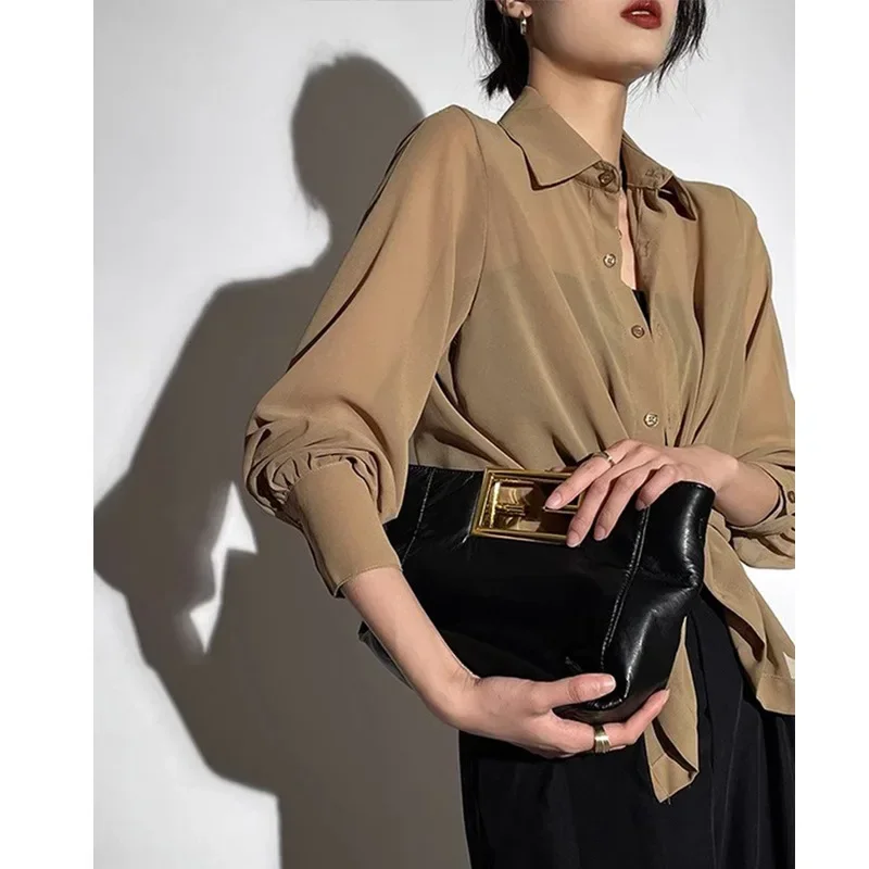 Sun-proof Transparent Shirt Female Mesh Long Sleeve Y2k Top Solid Loose Chiffon Blouse Korean Fashion Cardigan for Women