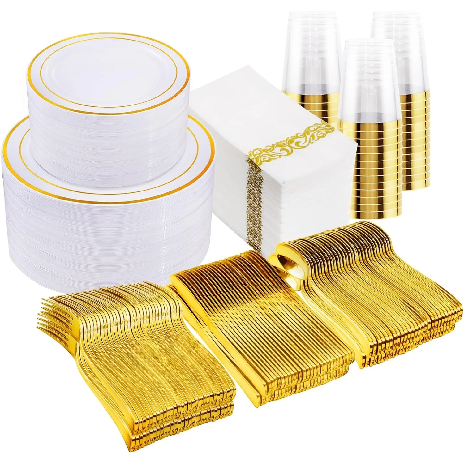 

700Pcs Gold Dinnerware Set for 100 Guests,Plastic Plates for Party, Include: 100 Gold Rim Dinner Plates, 100 Gold Dessert Plates