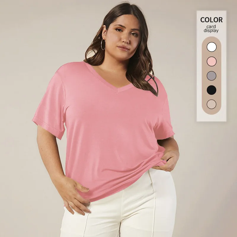 

【Топы больших размеров】 (50-150 кг), летняя женская свободная мешковатая футболка, простые топы с короткими рукавами и v-образным вырезом, большие размеры