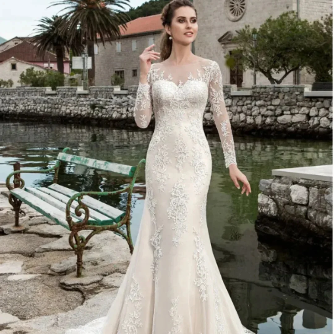 Elegant Sweetheart Mermaid Wedding Dress 2024 White Long Sleeve Open Back Lace Applique Bridal Gown Sweep Train Vestido De Novia