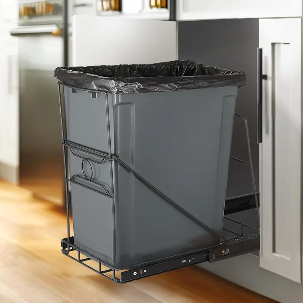 

Stainl Steel Kitchen Adjustable Trash Can Holder, Heavy Duty Cabinet Pull Out Kit, Fit 7-11 Gallon Trash Can, Black