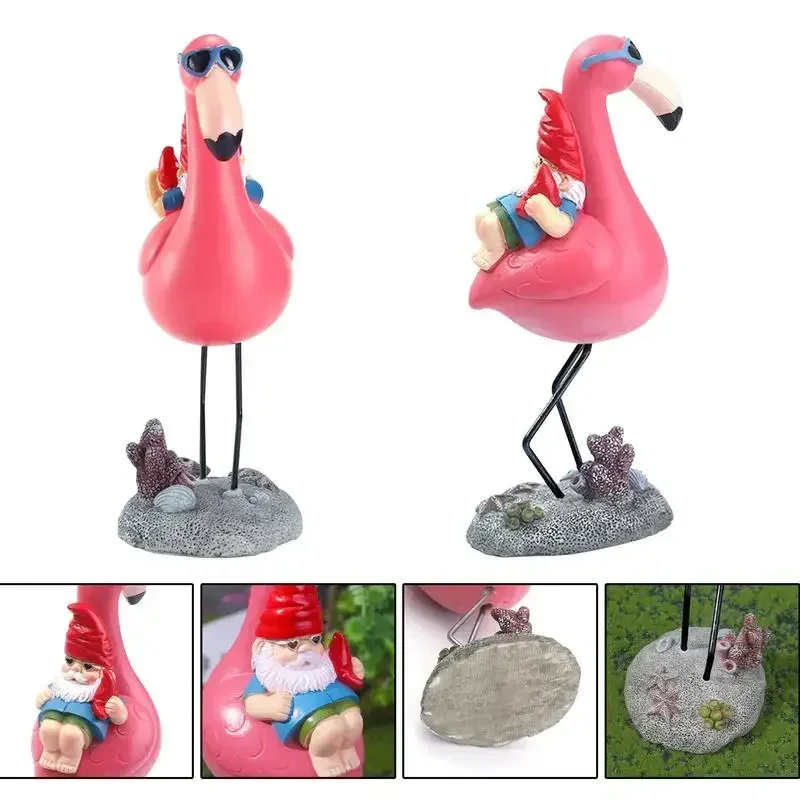 Flamingo Decor For Garden Yard Art | Funny Lawn Figurine | Garden Gnome Reclining On Flamingo Statue On Flamingo Colourful