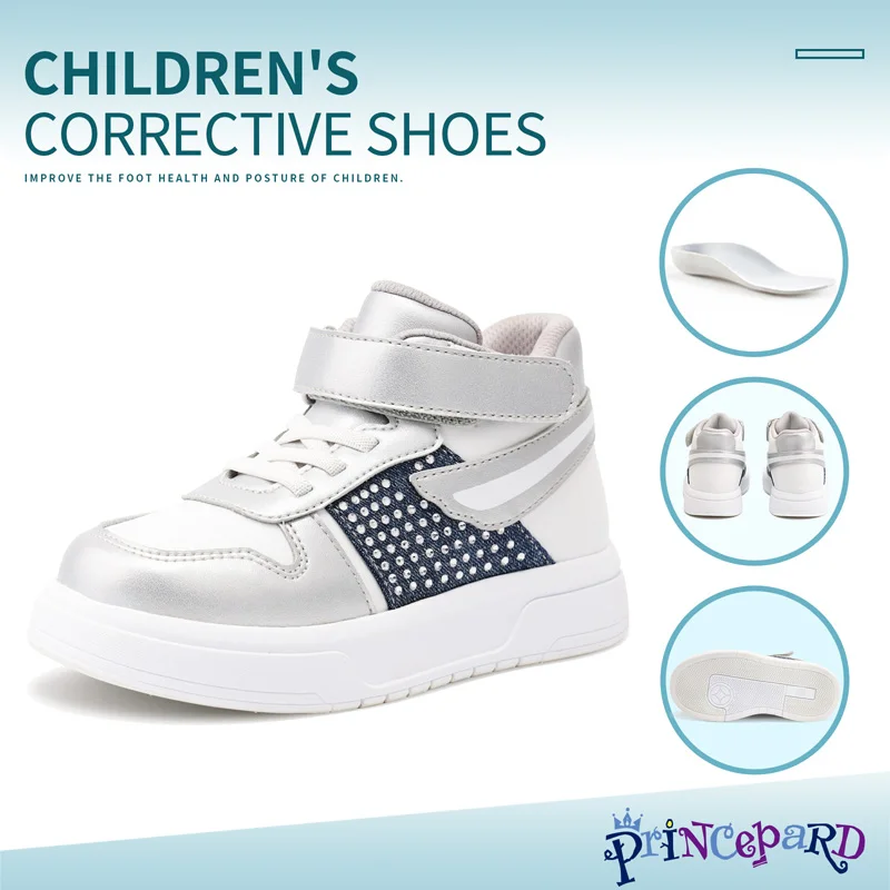 

Princepard Orthopedic Child Sneakers Silvery Decorate Kids School Arch Support Correction Casual Shoes for Girls and Boys