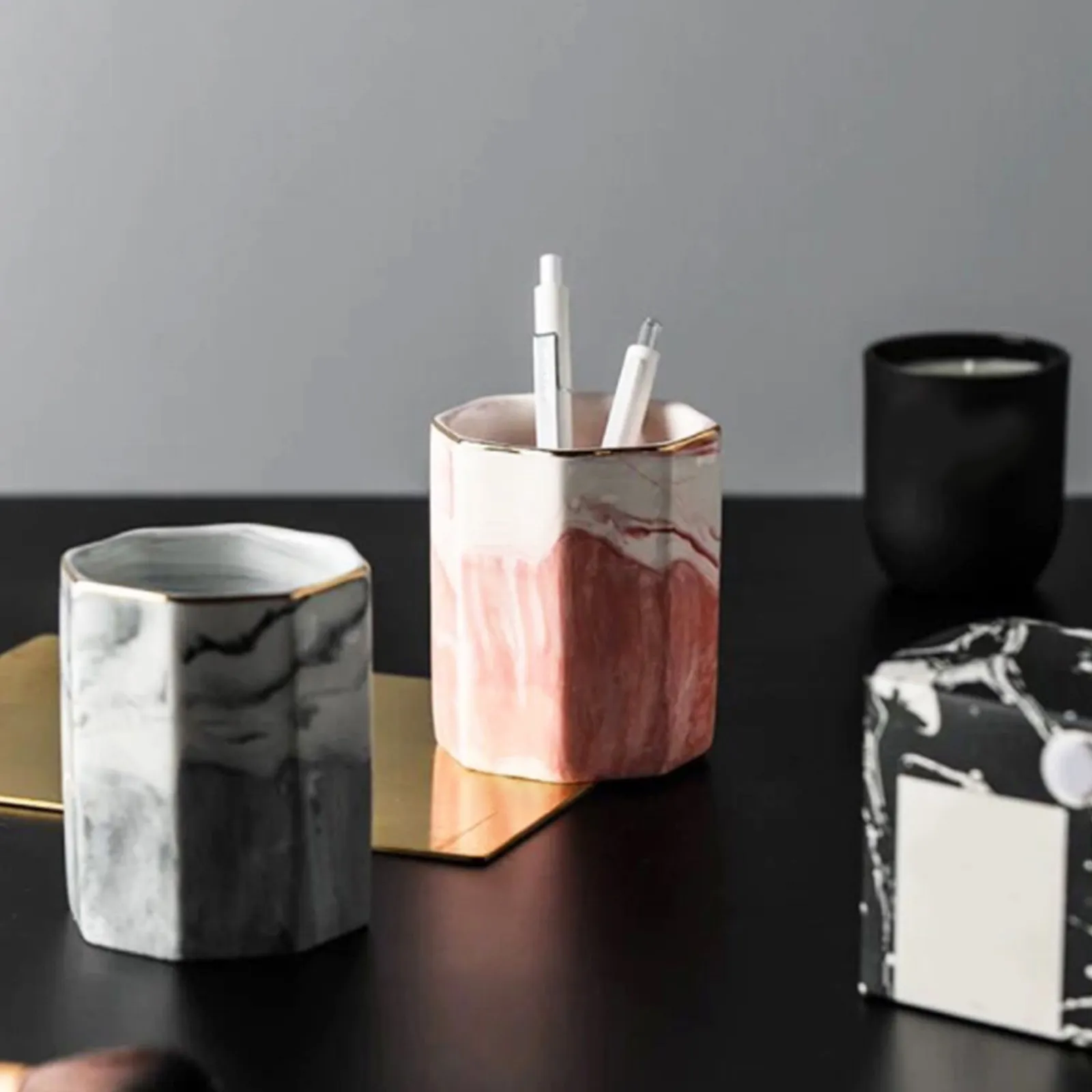 1Pcs Ceramic Brush Holder Marble Pattern Nordic Style Storage Cup for Cosmetics Lipstick Pens Toothbrush Prevents Deformation