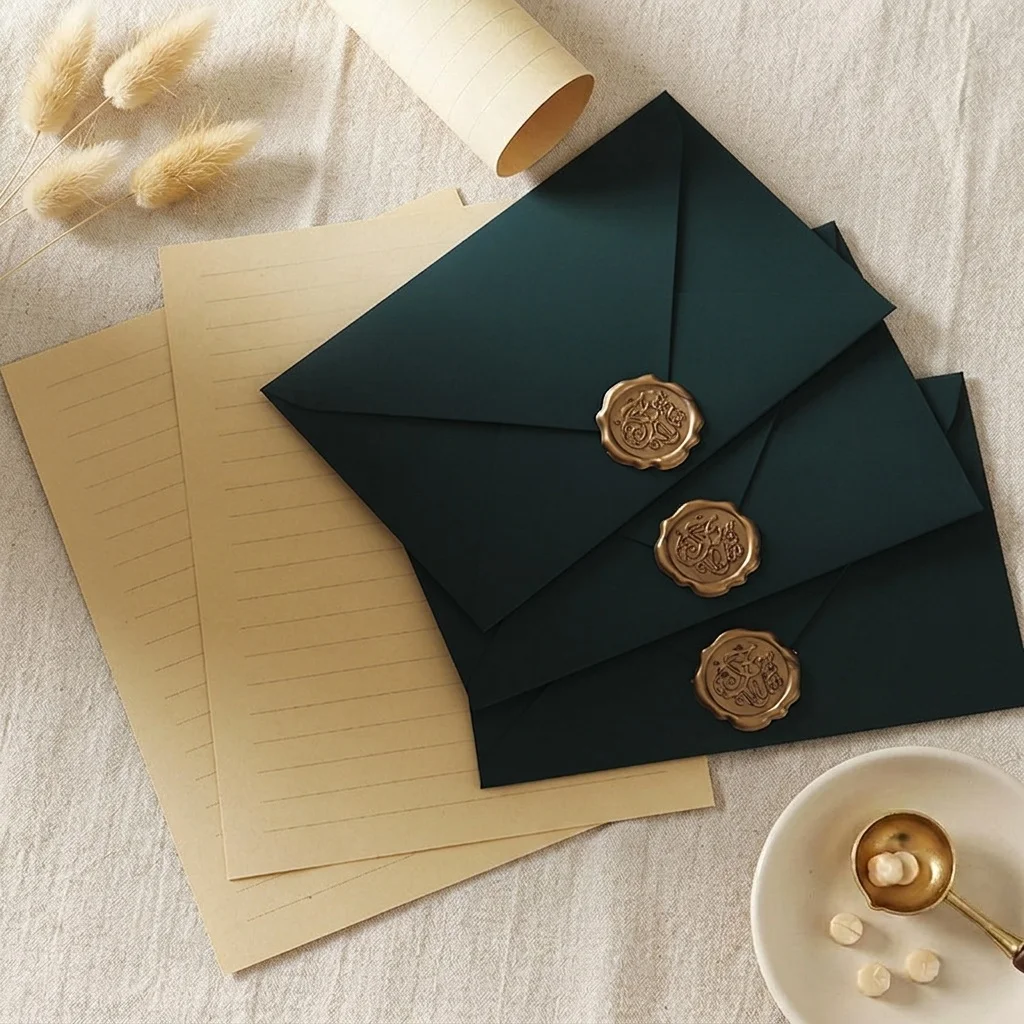 Conjunto de Envelopes Grossos Verde Escuro 200g em Papel Kraft Vintage para Convites de Casamento, Chá de Bebê e Aniversário