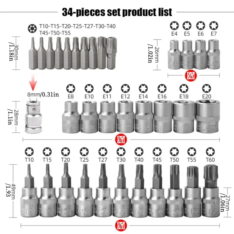 New 34pcs Bit Socket and E-Torx Star Socket Set 1/4" 3/8" Drive Male Female E-torx Security Bits Handheld Tool Auto Repair Tool
