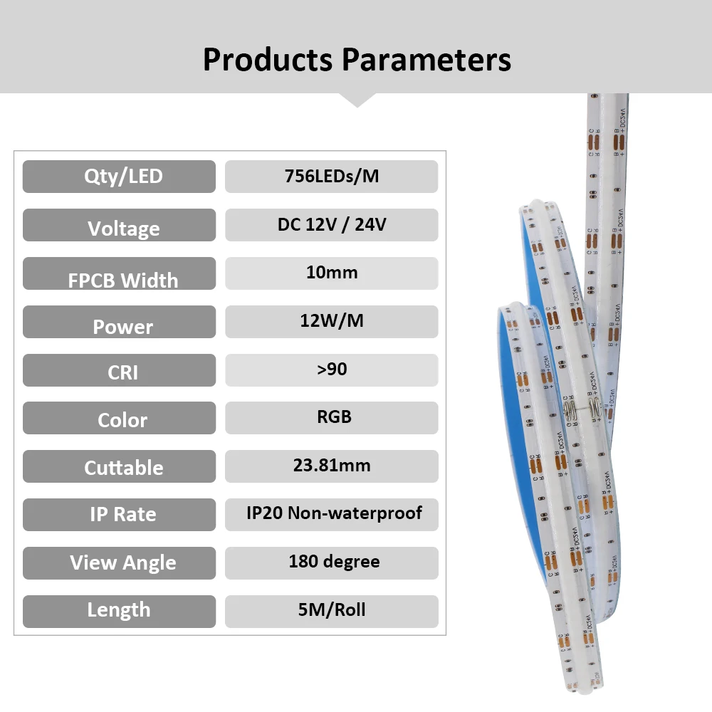 DC 12V RGB COB LED 스트립 조명, 24V 756 LEDs FCOB FOB 고밀도 강도 유연한 테이프 선형 리본 RA 90 1M 2M 3M 4M 5M