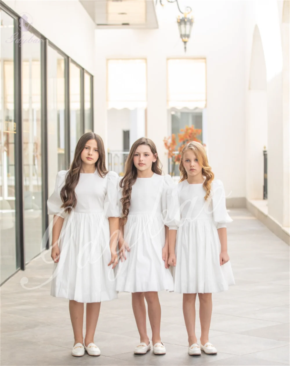 White Square Neckline Satin Girls Prom Flower Girl Dress Half Sleeve Fit For Communion Event Children's Birthday
