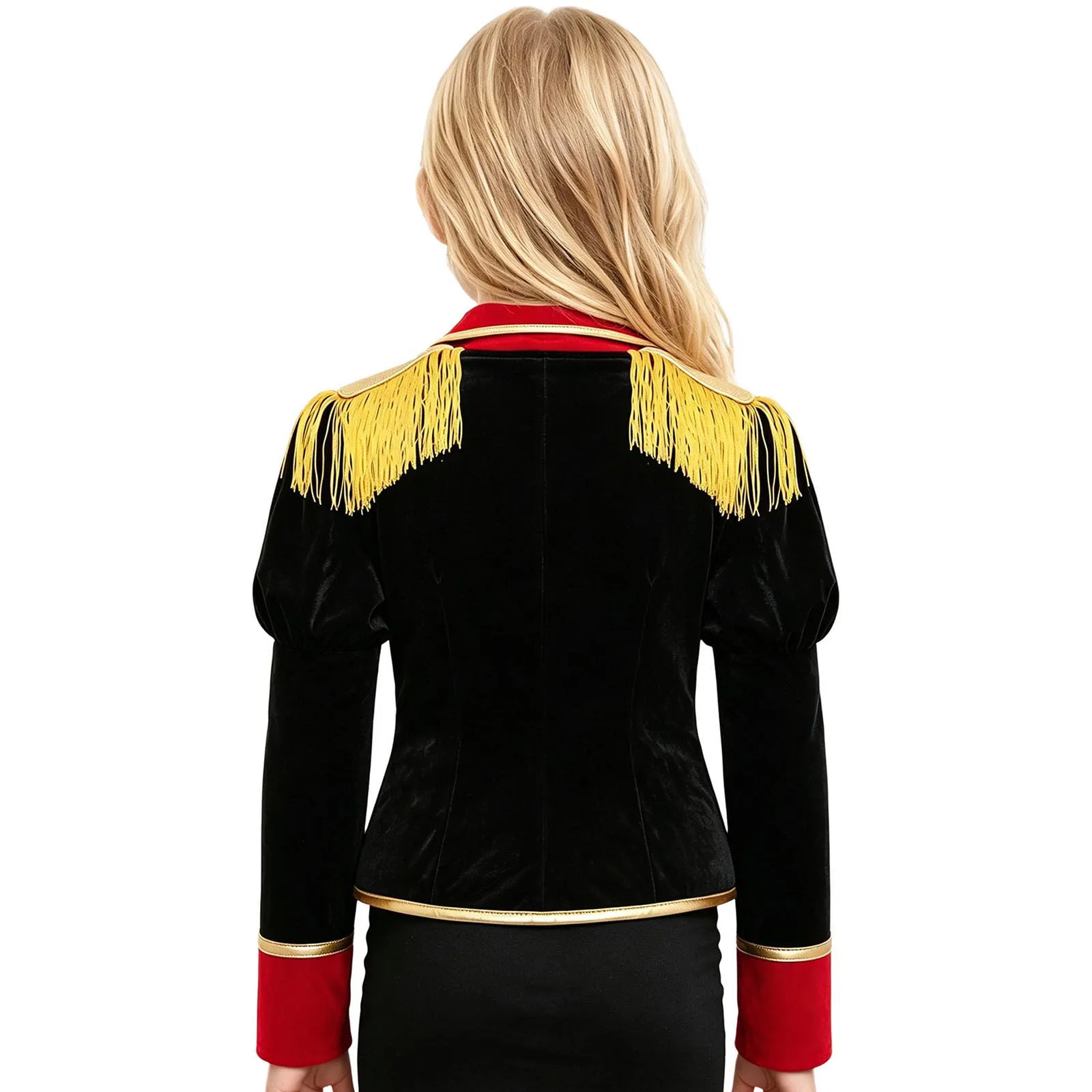 Girls Circus Ringmaster Costume Halloween Cosplay Drum Marching Band Uniform Long Puff Sleeve Fringe Epaulet Metal Chain Jacket
