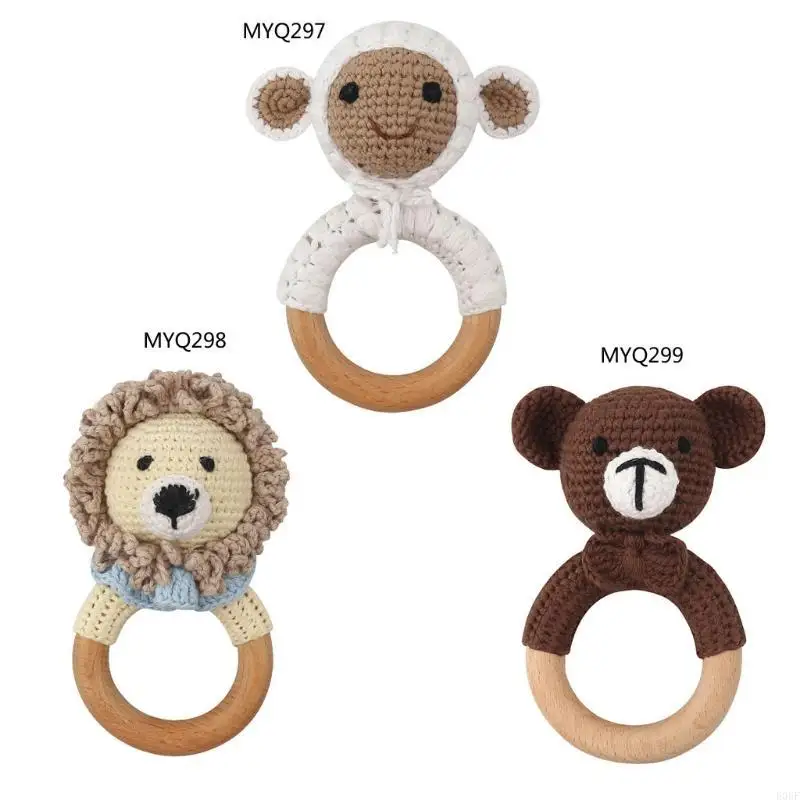

E06F Cotton Thread Crochet Animal Rattle Knitted Hand Baby Teether Wooden Ring