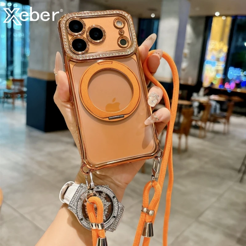 Flash-Diamant-Halskette, Kordel, Seil, Lanyard-Beschichtung, magnetisch, klare Halterung, Hülle für iPhone 17, 16, 14, 13, 15, Pro Max, für Magsafe-Abdeckung