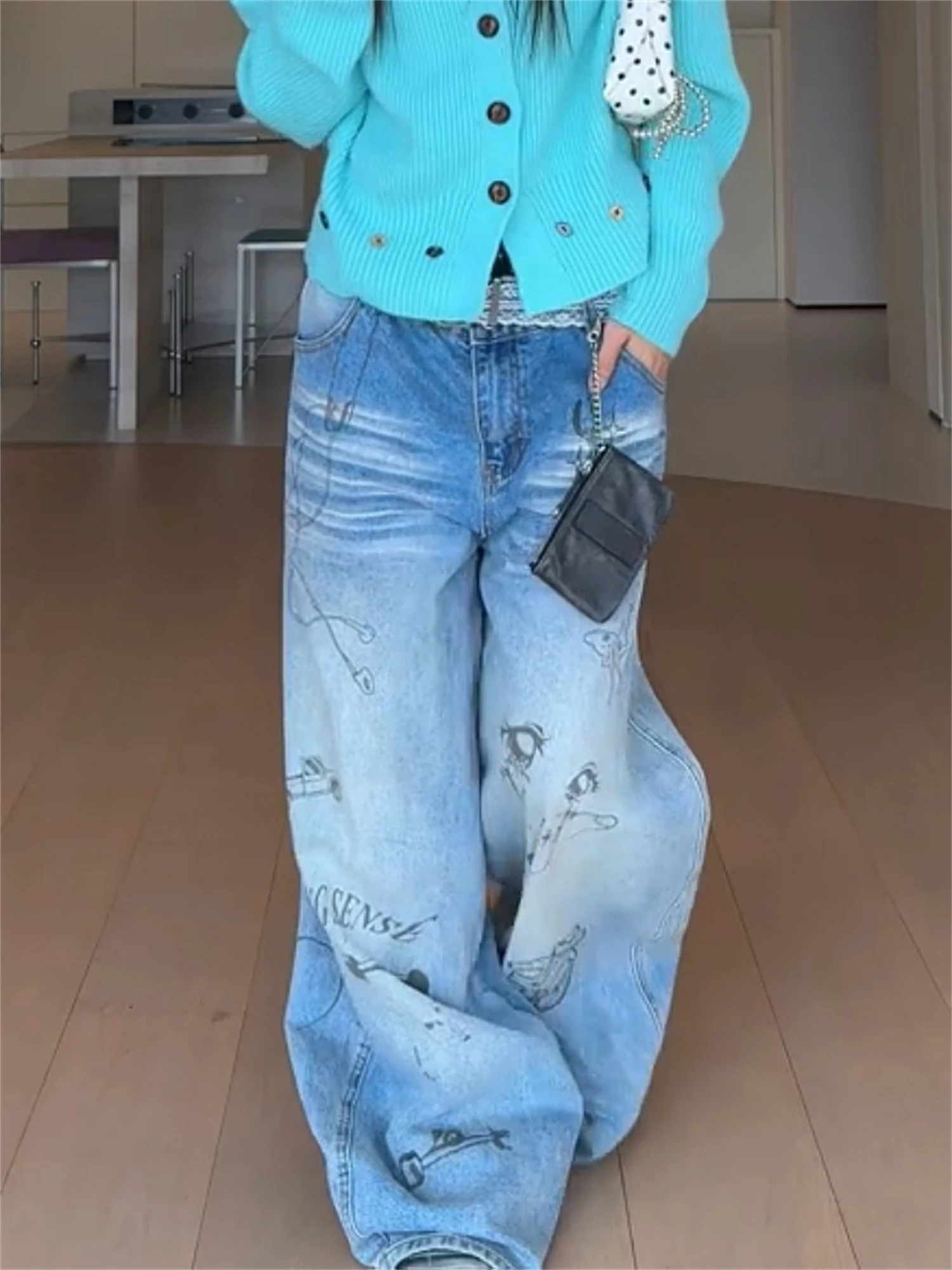 

Women's Light Blue Gradient Oversized Wide Leg Denim Jeans Graffiti Print Vintage Wash Casual Streetwear Ladies Pants