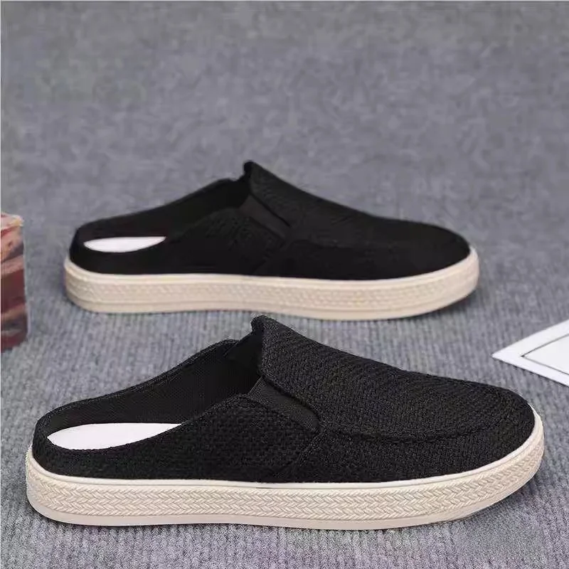 

Black Canvas Slip-On Shoes Leisure Breathable Half Slippers Thousand Layer Bottom Trendy Men's Footwear Low Cut Fashionable