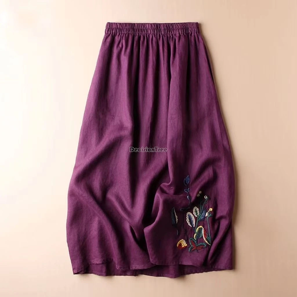 2024 chinese vintage cotton linen summer skirt women new embroidery solid color large swing skirt mid-length female skirt w341