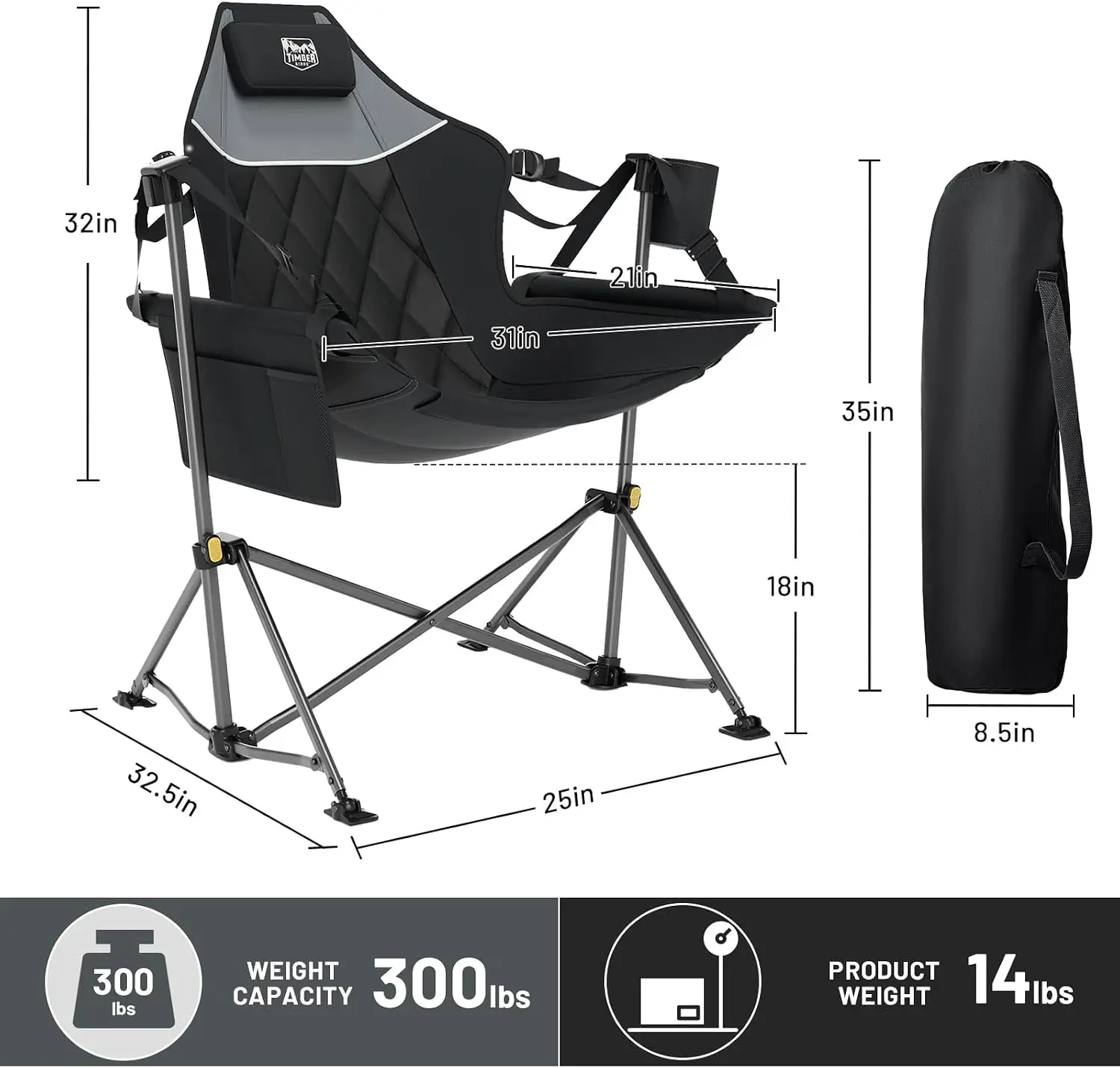 Hammock Camping Chair Portable Oversized Swinging Camp Heavy Duty Folding Adjustable Backrest Foldable Beach Patio 300lbs Load B