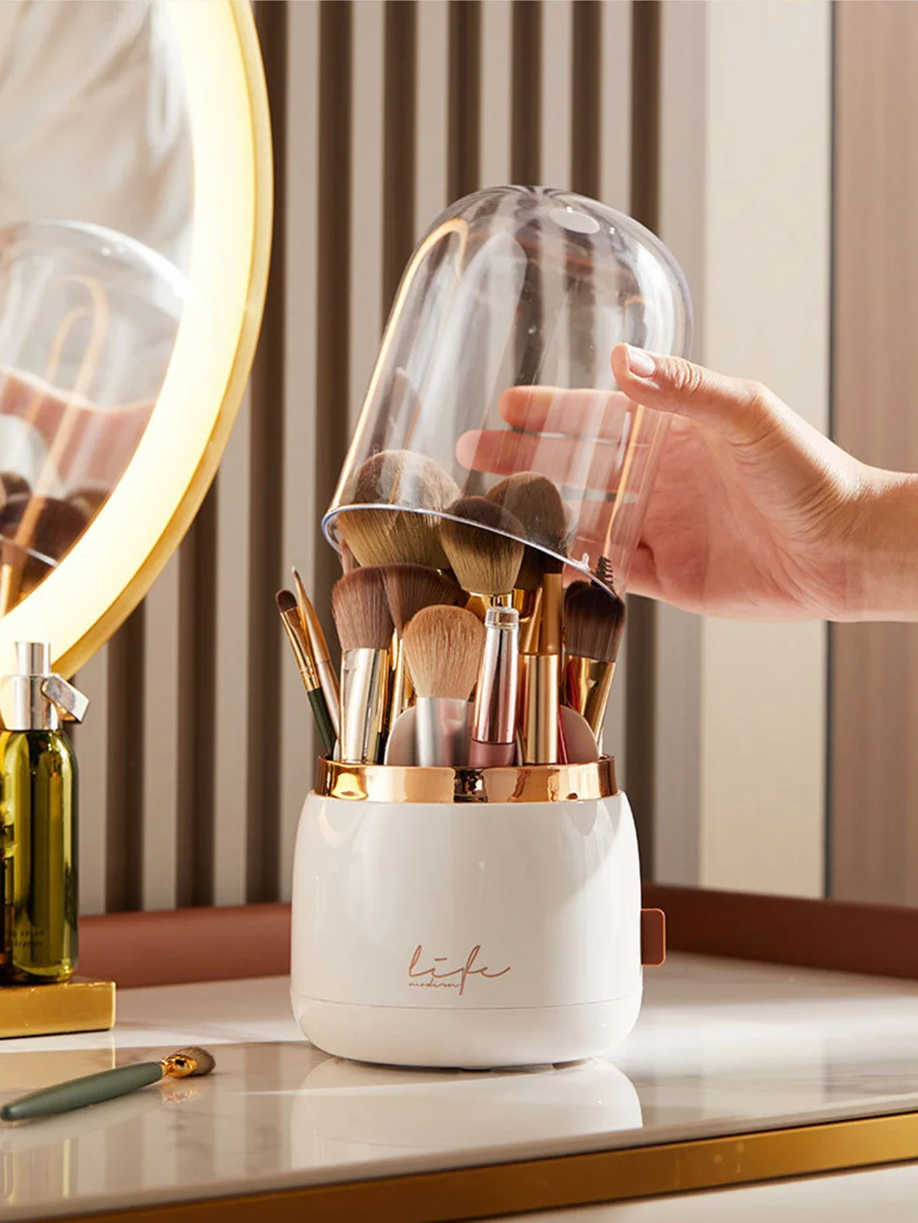 

360 Rotating Transparent Makeup Brush Organizer Desktop Cosmetics Storage Box Bathroom Storage Organizers Student Pen Holder Box