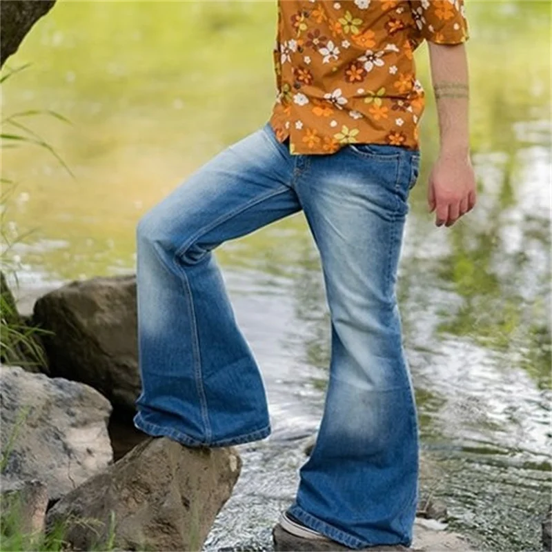 Men's Punk Style Splicing Pocket Embroidery Large Flared Jeans Male Vintage Four Seasons Blue Trousers Street Casual Denim Pants