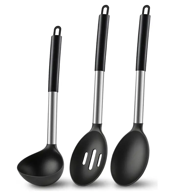ABCA-Solid& Slotted Silicone Cooking Spoon Set(3 Pcs), Kitchen Utensils Including Soup Ladle, Non-Scratch Spoons