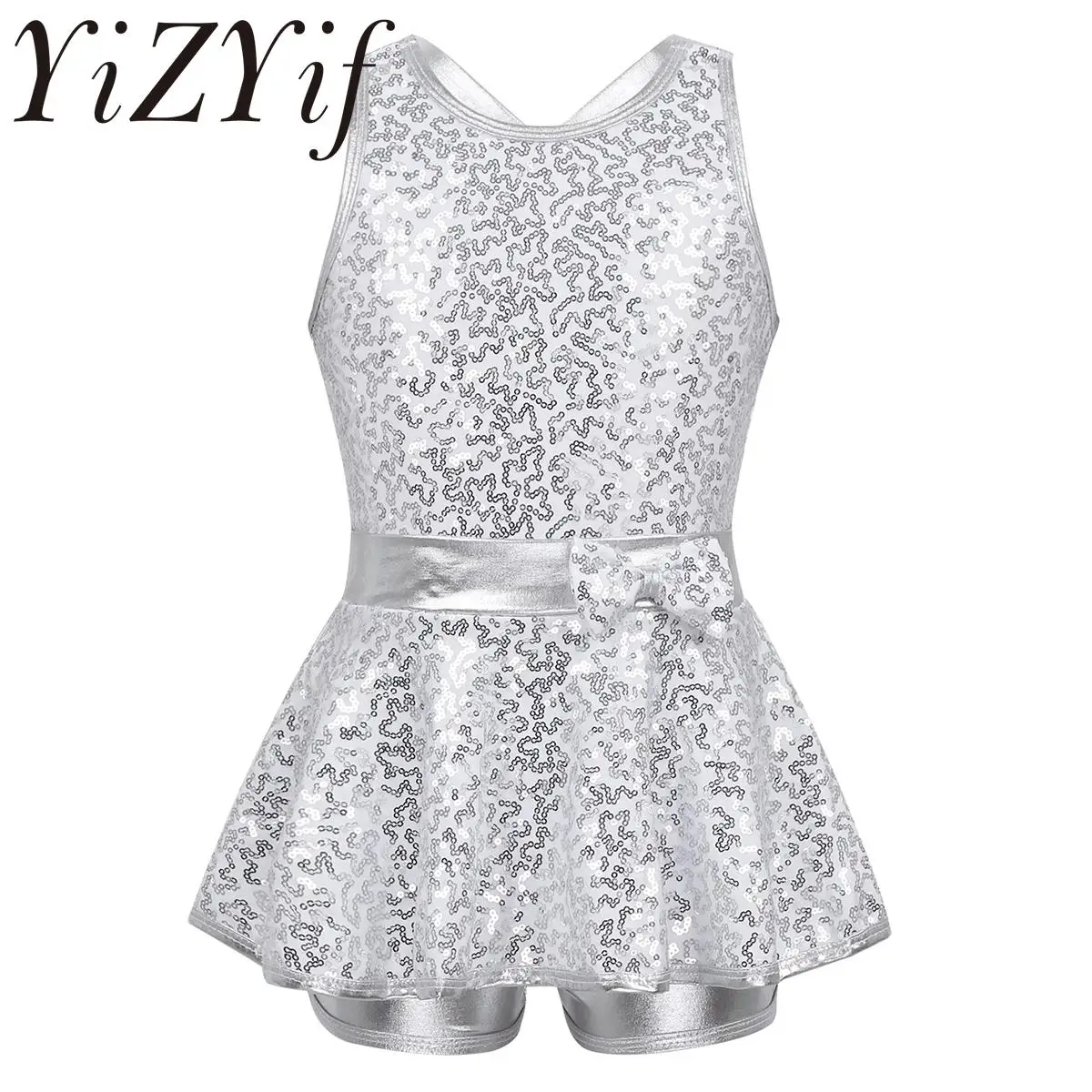 Kids Girls Shiny Sequins Sleeveless Criss-Cross Back Latin Jazz Dance Dress Leotard Disco Hip Hop Stage Performance Costume