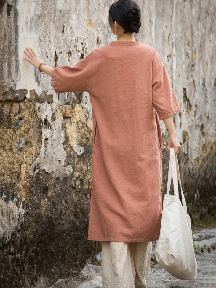 Summer Dress Cotton Linen Women's Clothing New Vintage Buttons Chinese Style Cheongsam Loose Design Dress Solid Robe Dresses