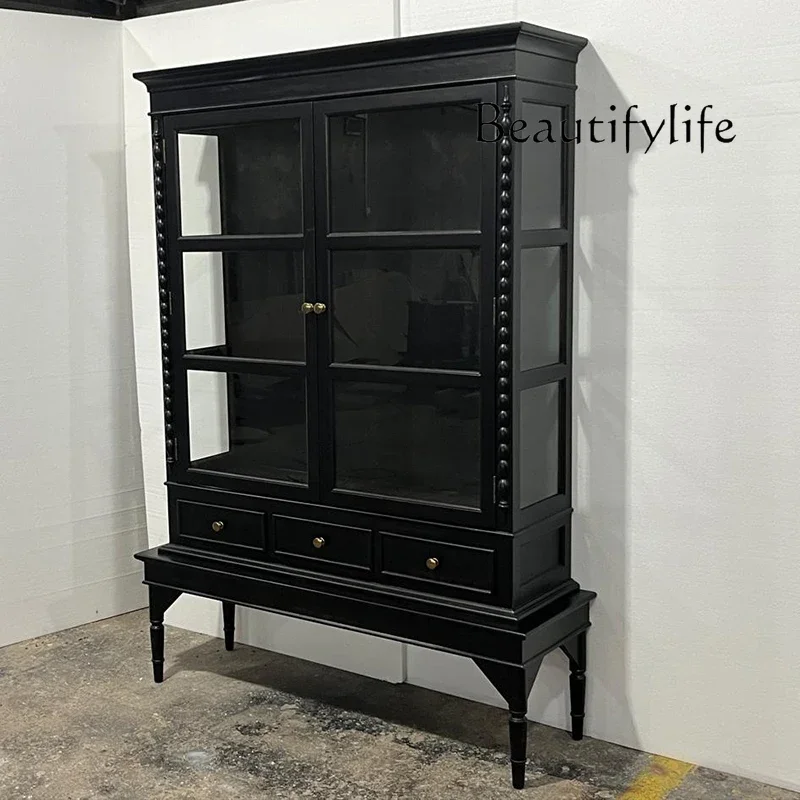 B4 Medieval Black Display Boutique Display Cabinet Three-layer Double-door Glass Cabinet Solid Wood Antique Cabinet