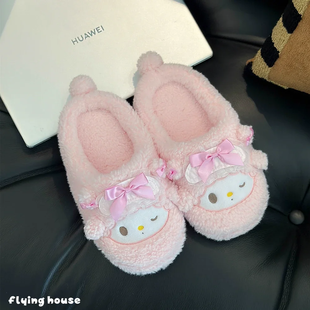 Kawaii My Sweet Piano 플러시 슬리퍼 여성용 부드러운 푹신한 실내 홈 신발 핑크 리본 장식 따뜻한 슬리퍼 미끄럼 방지 슬리퍼