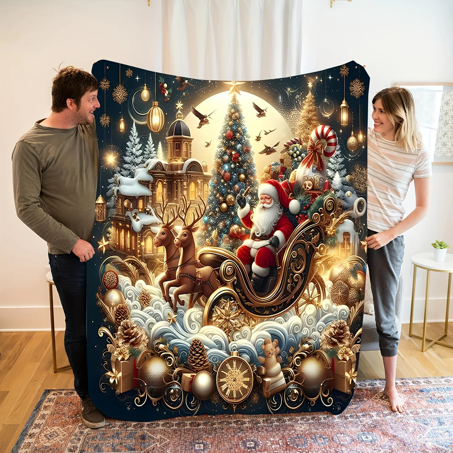 1pc Christmas Santa Sleigh Printed Blanket ,Sofa, bed, travel, lunch break, flannel blanket.