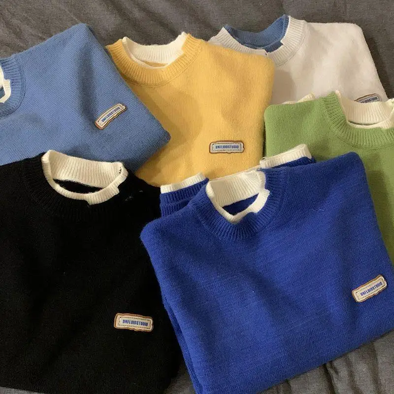 

Men's Winter Thiened round Ne Knitwear Fake Two-Piece Loose Sle Korean Hong Kong Faion Casual Long Sve Sweater