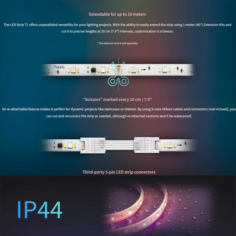 China Edition Aqara Smart LED Strip T1 Zigbee 3.0 Adjustable Strength IP44 Waterproof 16 Million Colors Work Aqara APP HomeKit
