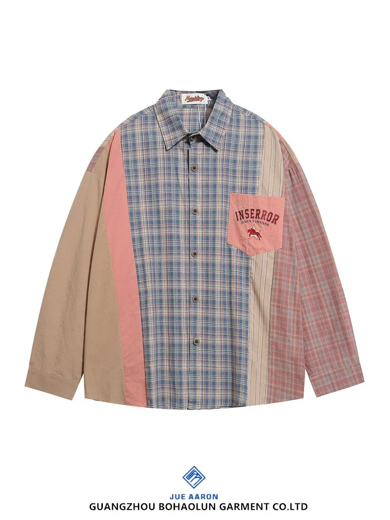 

JueAaron Men's Long Sve irt Autumn Casual Loose Fit Plaid Embroidery American Splicing Sle Cotton Youth Faion
