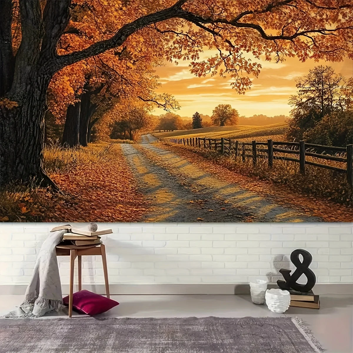 Autumn Oak Tree Path Tapestry Golden Leaves Sunset Landscape Wall Art Home Decor Elevate Your Space Free Hooks Included