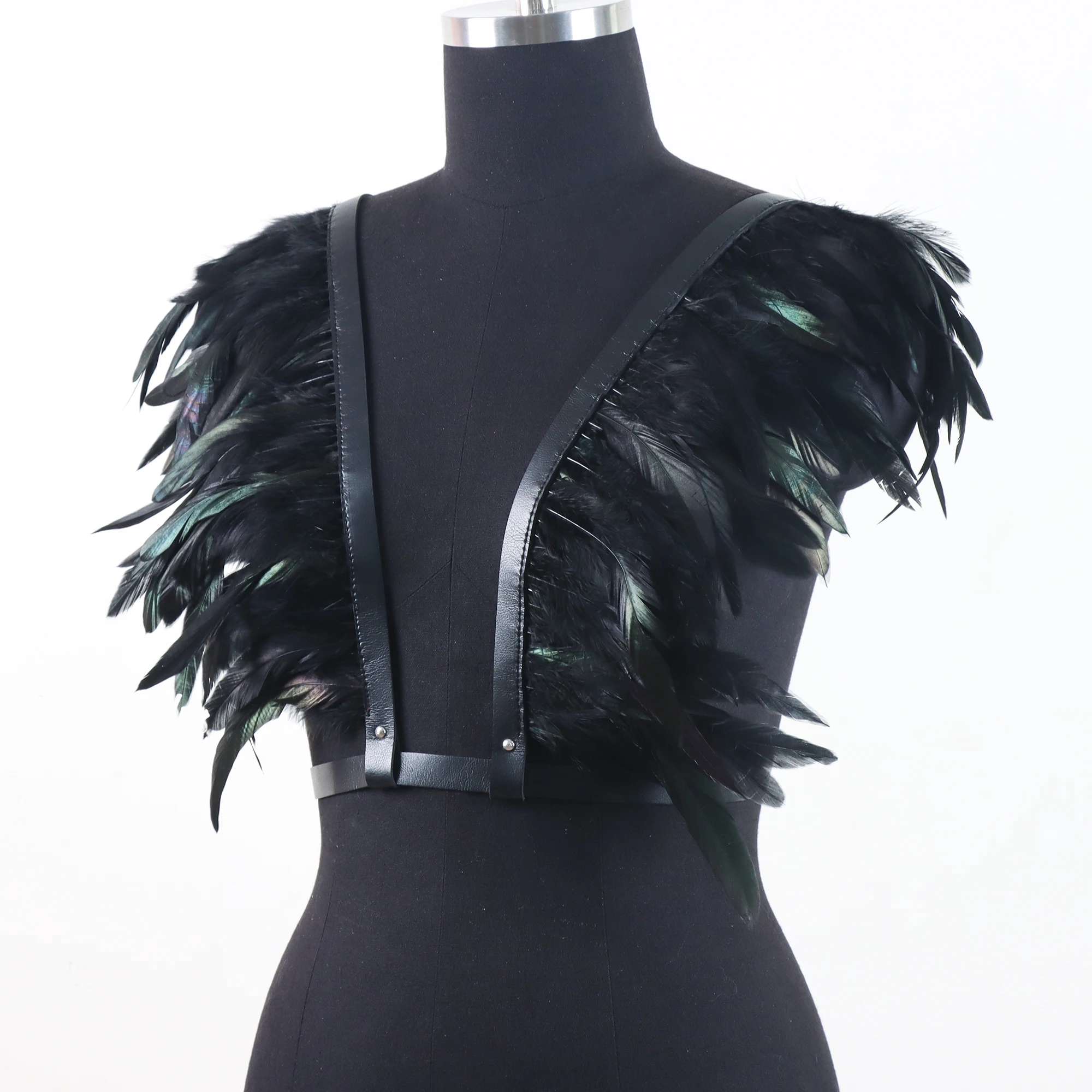 Feather Shawl Halloween for Women Black Luxury PU Leather Harness Shoulder Wraps Punk Feather Scarves Clown Cosplay Goth Clothes