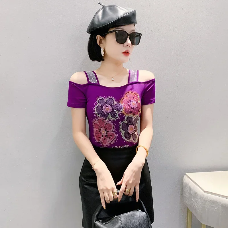 

Luxury High-end Shiny Diamond T-shirt Summer Women Clothing Trend Slim Fit Tops Off Shoulder Short Sleeves Mesh Tees Floral Tops