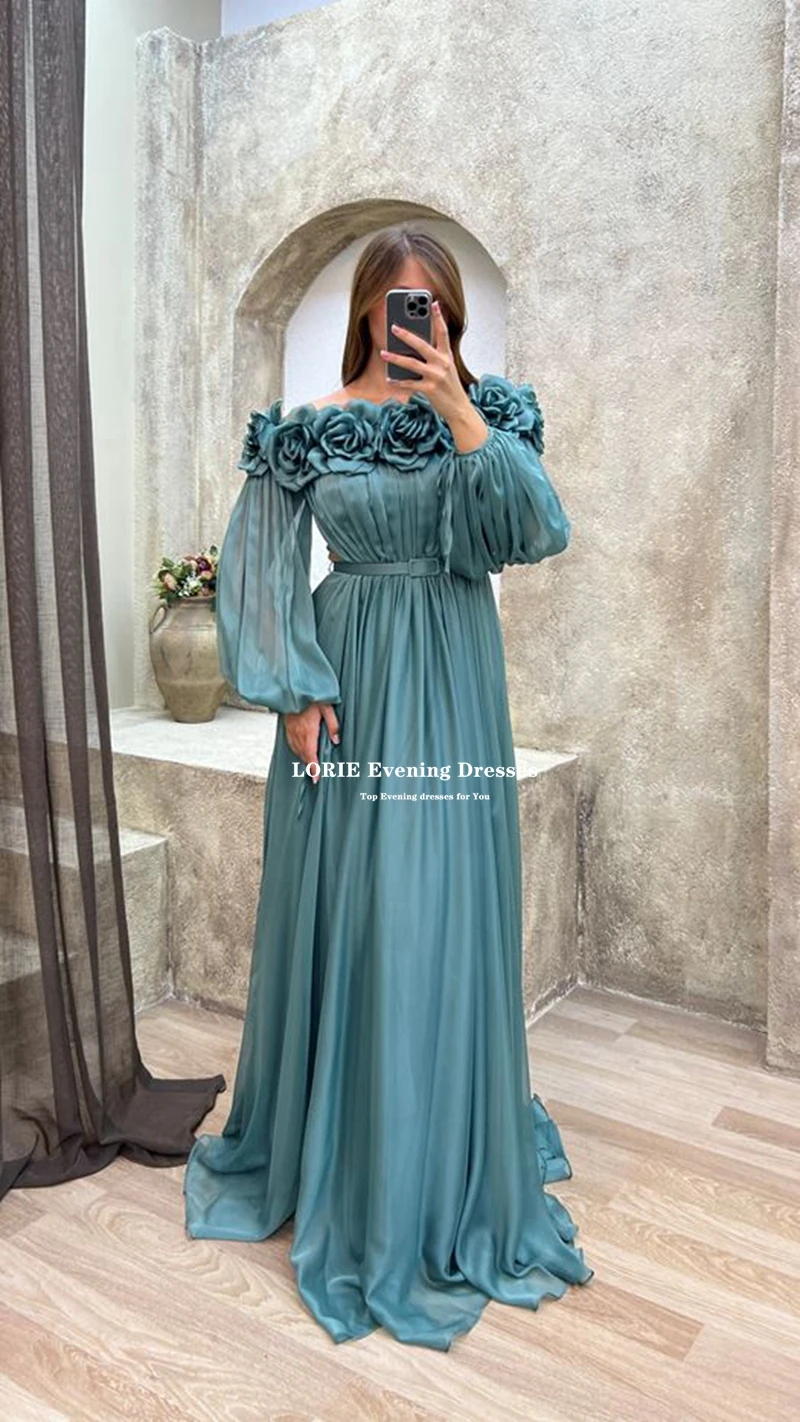 LORIE Sexy Leg Slit Evening Dresses Flowers Puff Sleeves Belt Pleat Vestidos De Noche Organza Gala Party Dresses Robes De Soirée