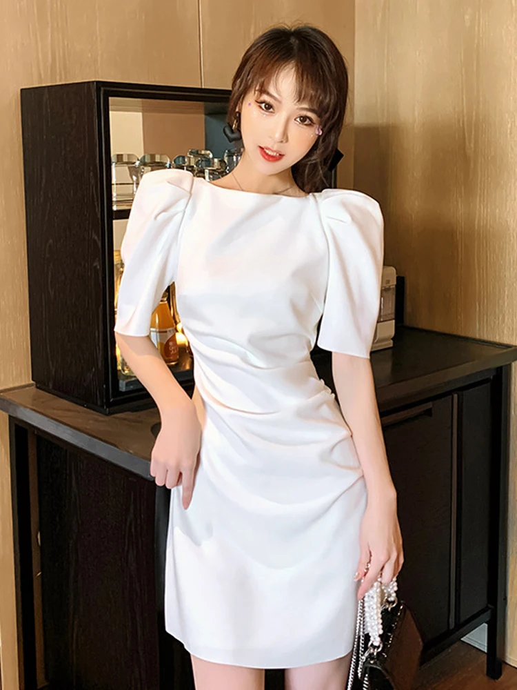 

Французские повседневные мини-платья для женщин, милое короткое платье со складками и рукавами-пузырьками, женское вечернее офисное женское уличное платье, вечерний клуб