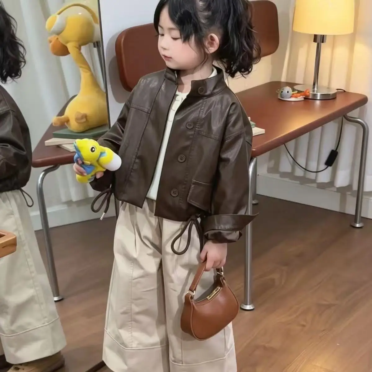 Children's Leather Jacket 2026 Spring Autumn New Style Boys Girls Korean Fashionable Biker Coat Kids Clothing 2-7Y