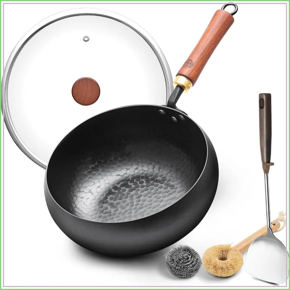 

9.5" Heavy-Duty Carbon Steel Wok - Thickened Base, Warp-Resistant, Splatter-Free with Lid