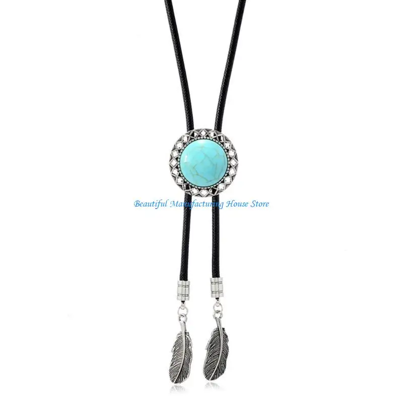 E56A Leather Rope Bolo Tie Floral Stone Western Cowboy Feathered Pendant Necklace
