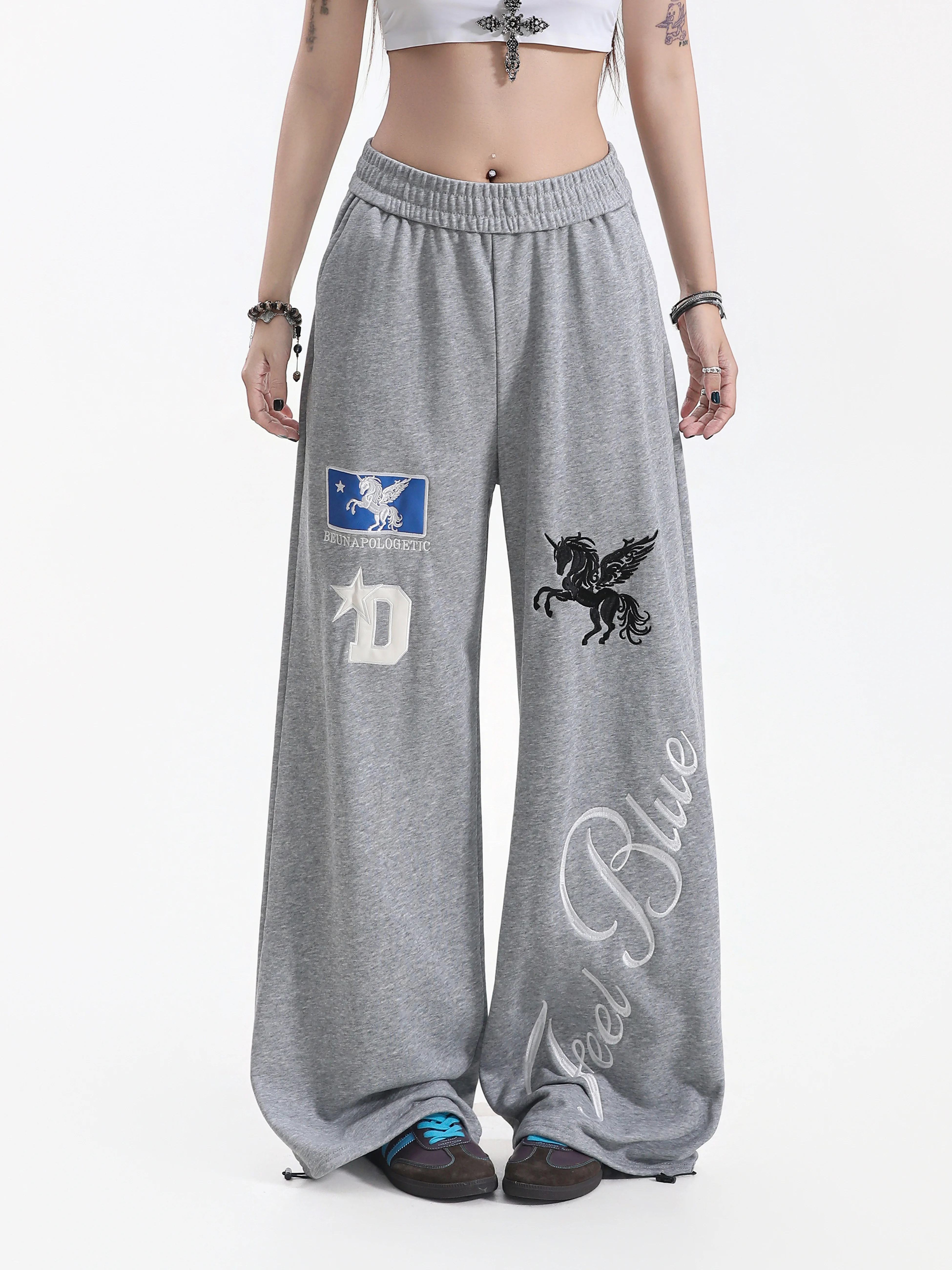American Style Flying  Embroidery Wide Leg Sport Sweatpants Drawstring Trousers Neutral Casual Long Pants
